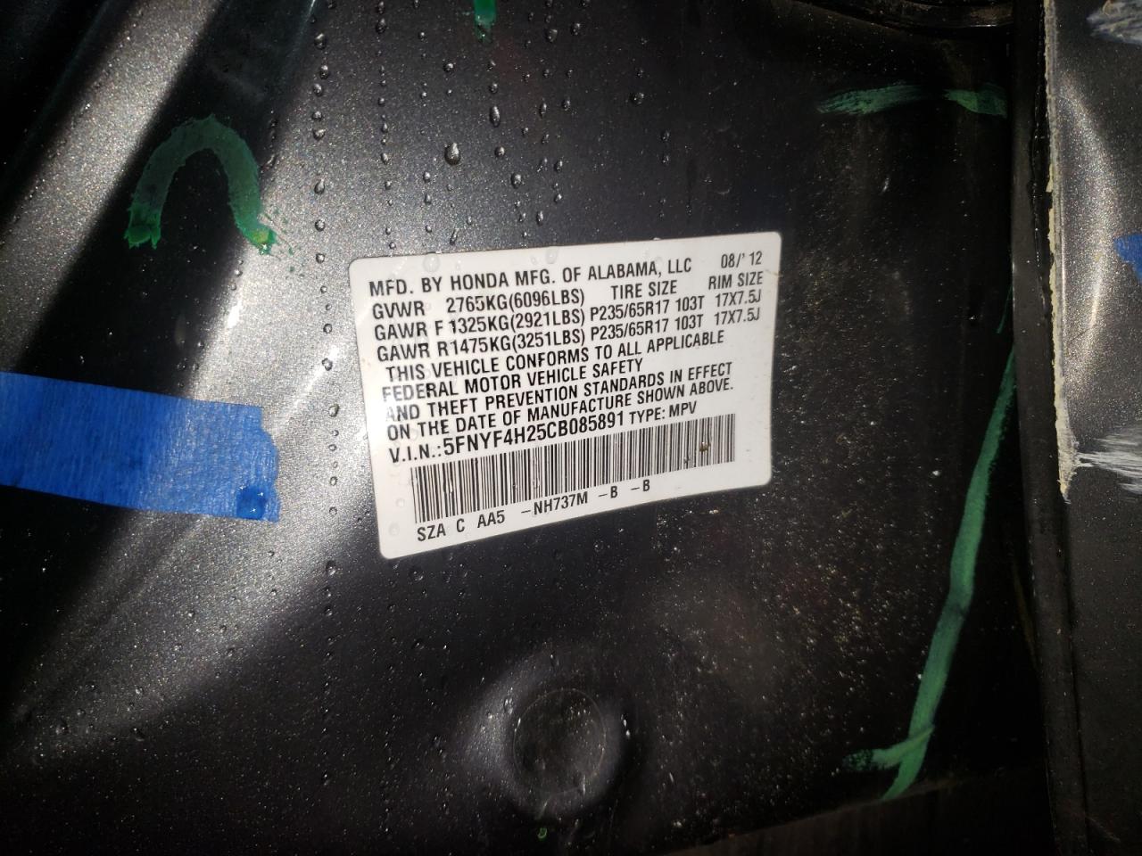 Фото 10 с аукциона – 2012 HONDA PILOT LX с VIN 5FNYF4H25CB085891