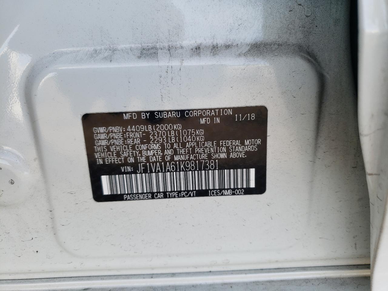Photo 10 from auction – 2019 SUBARU WRX with VIN JF1VA1A61K9817381