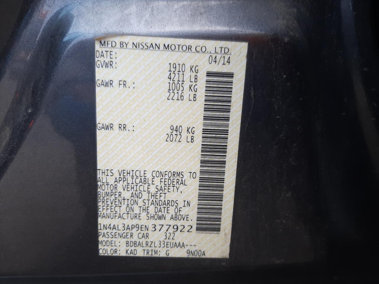 Photo 10 from auction – 2014 NISSAN ALTIMA with VIN 1N4AL3AP9EN377922
