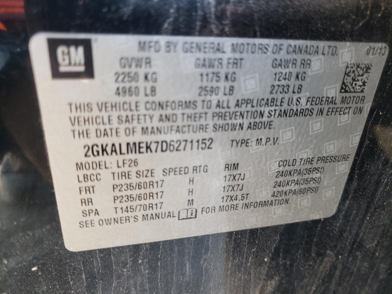 Photo 10 from auction – 2013 GMC TERRAIN SL with VIN 2GKALMEK7D6271152