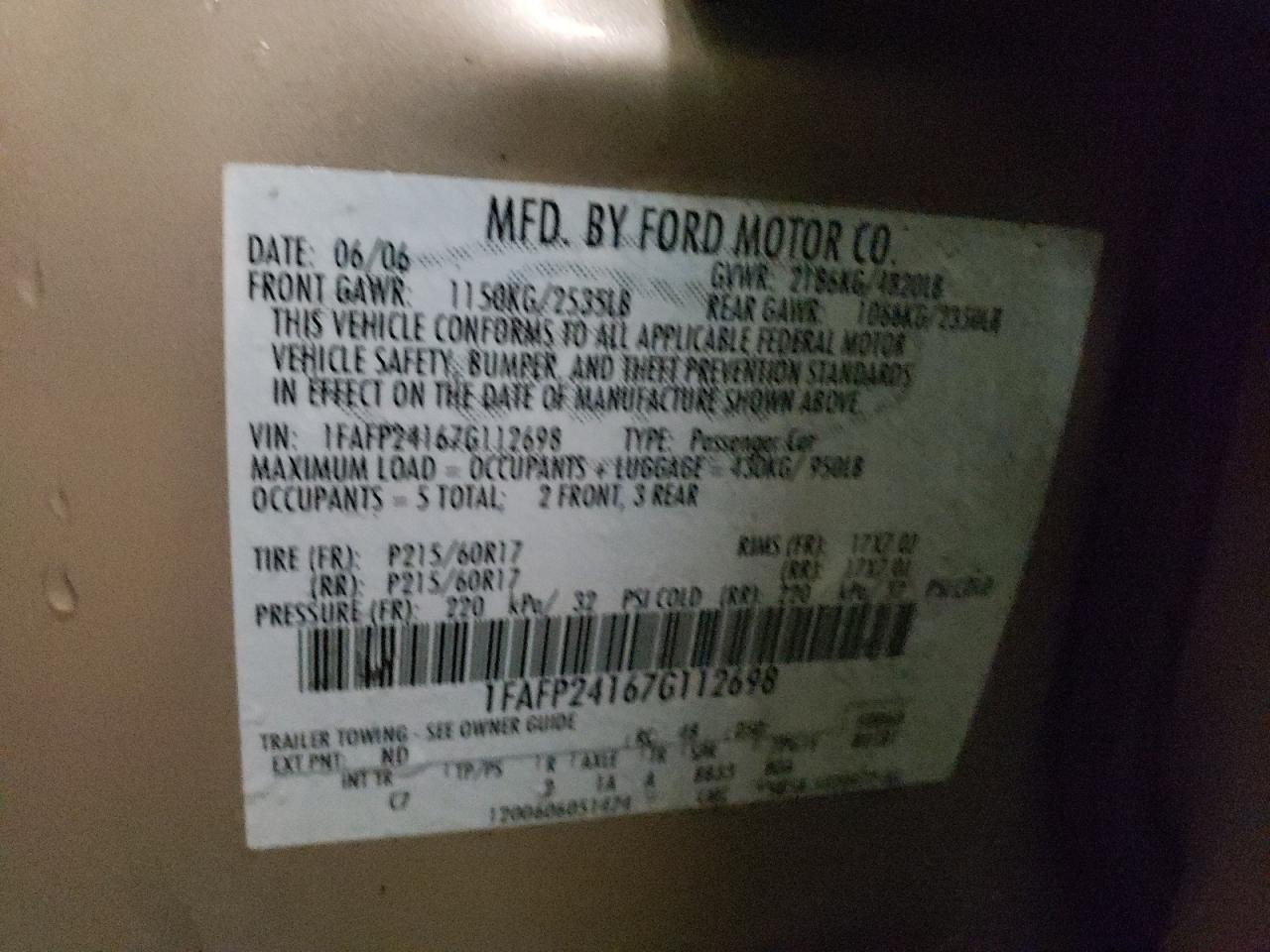 Photo 10 from auction – 2007 FORD FIVE HUNDR with VIN 1FAFP24167G112698
