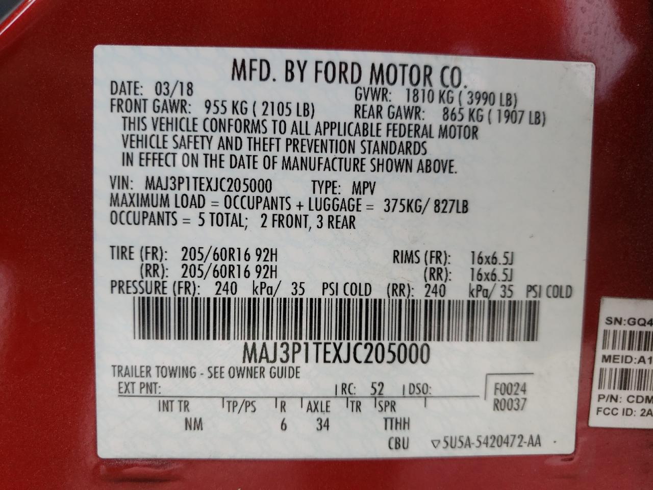 Photo 10 from auction – 2018 FORD ECOSPORT S with VIN MAJ3P1TEXJC205000