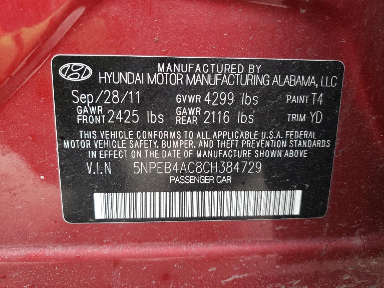 Photo 10 from auction – 2012 HYUNDAI SONATA GLS with VIN 5NPEB4AC8CH384729