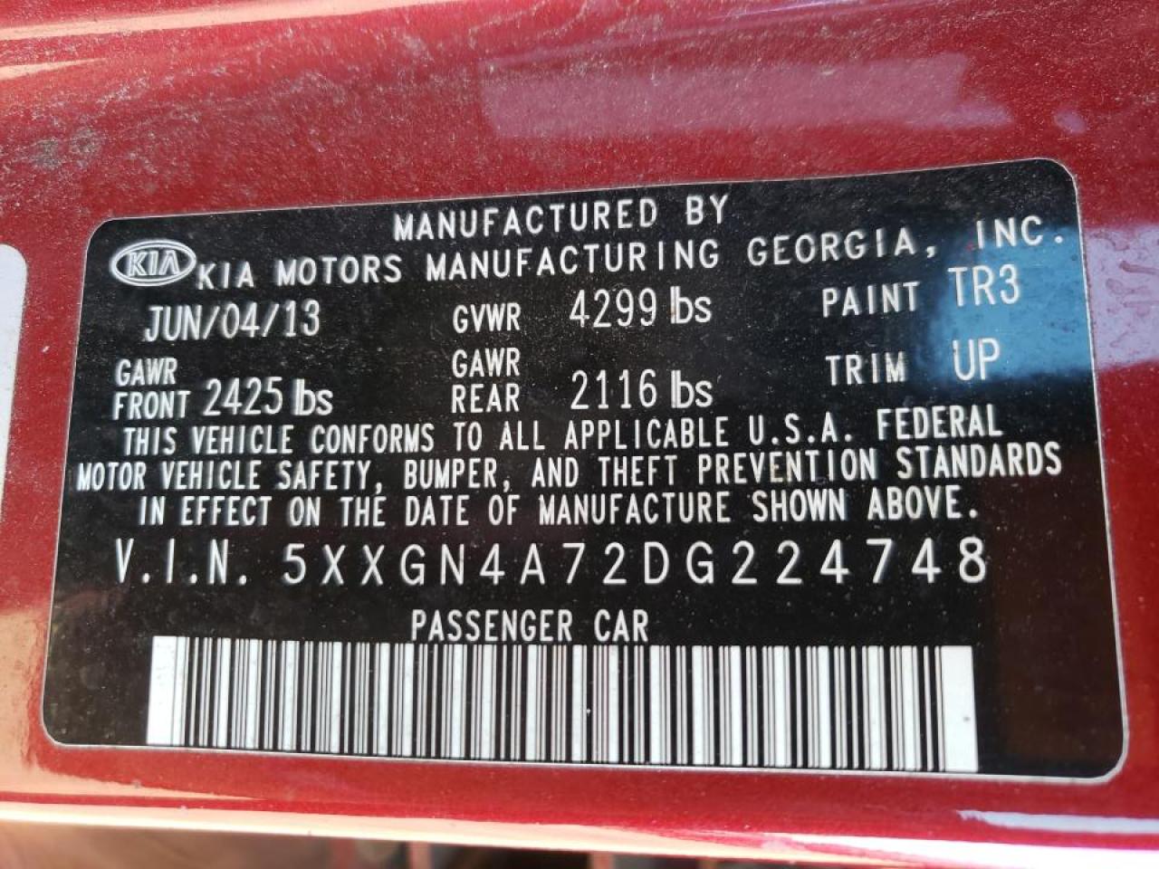 Photo 10 from auction – 2013 KIA OPTIMA EX with VIN 5XXGN4A72DG224748