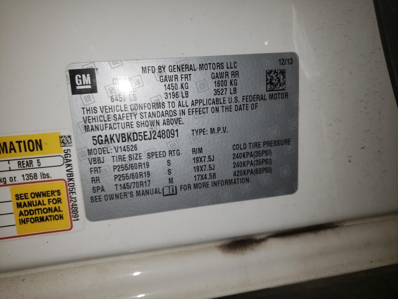 Photo 10 from auction – 2014 BUICK ENCLAVE with VIN 5GAKVBKD5EJ248091