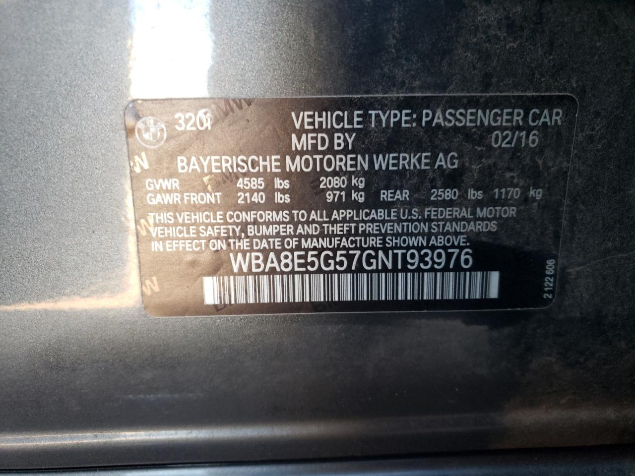 Photo 10 from auction – 2016 BMW 320 XI with VIN WBA8E5G57GNT93976