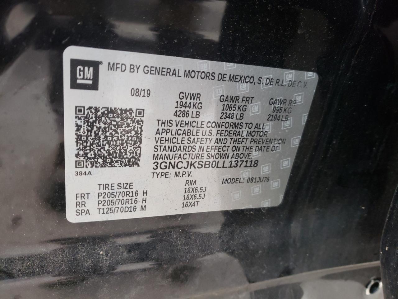 Photo 10 from auction – 2020 CHEVROLET TRAX LS with VIN 3GNCJKSB0LL137118