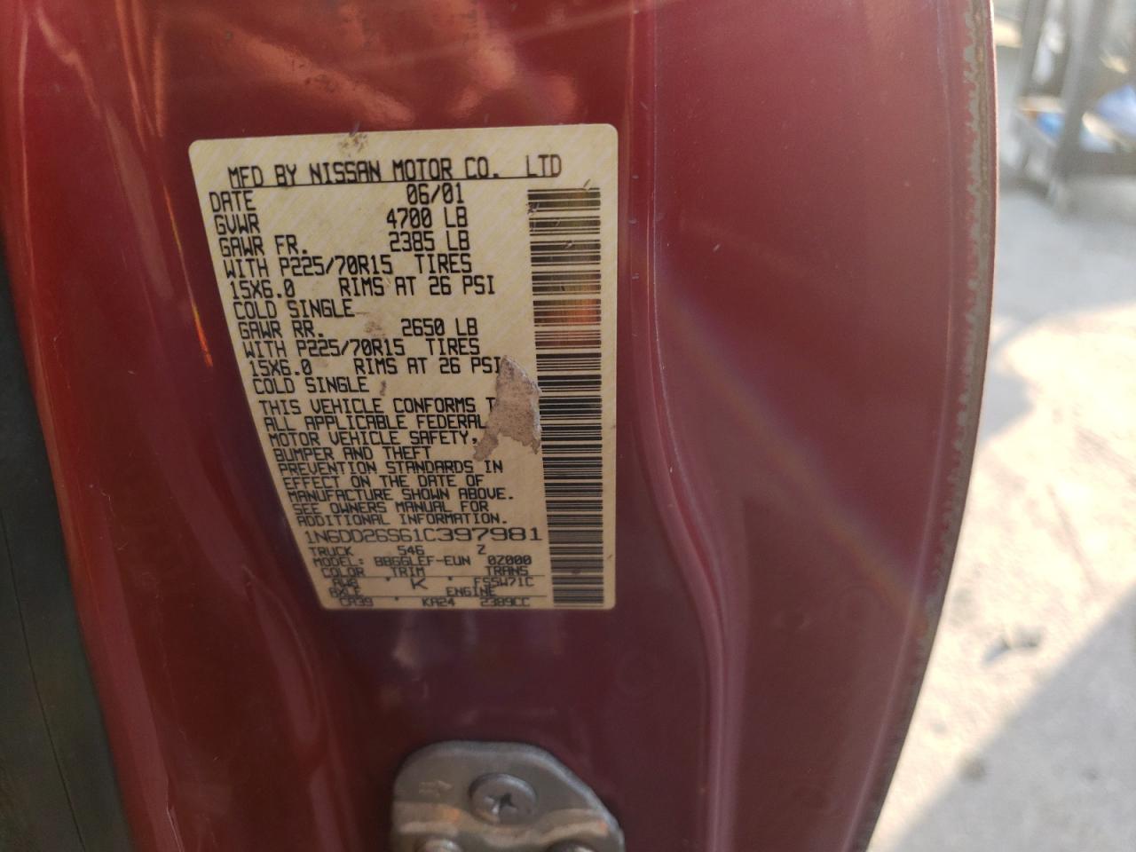 Photo 10 from auction – 2001 NISSAN FRONTIER K with VIN 1N6DD26S61C397981