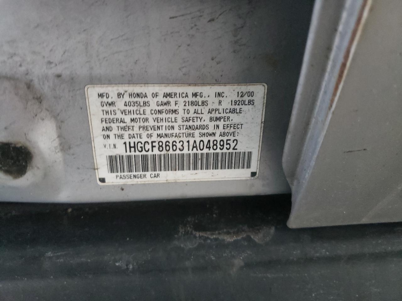 Photo 10 from auction – 2001 HONDA ACCORD VAL with VIN 1HGCF86631A048952