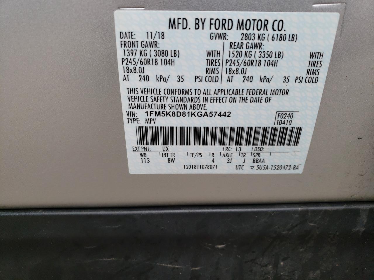 Photo 10 from auction – 2019 FORD EXPLORER X with VIN 1FM5K8D81KGA57442