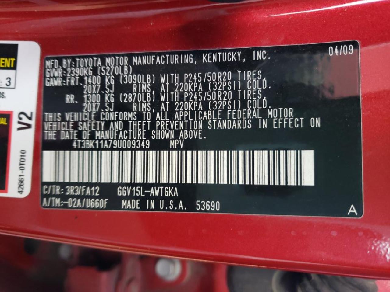 Photo 10 from auction – 2009 TOYOTA VENZA with VIN 4T3BK11A79U009349
