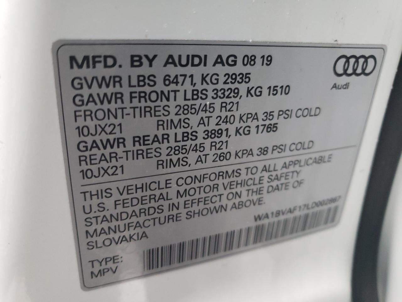 Photo 10 from auction – 2020 AUDI Q8 PREMIUM with VIN WA1BVAF17LD002867