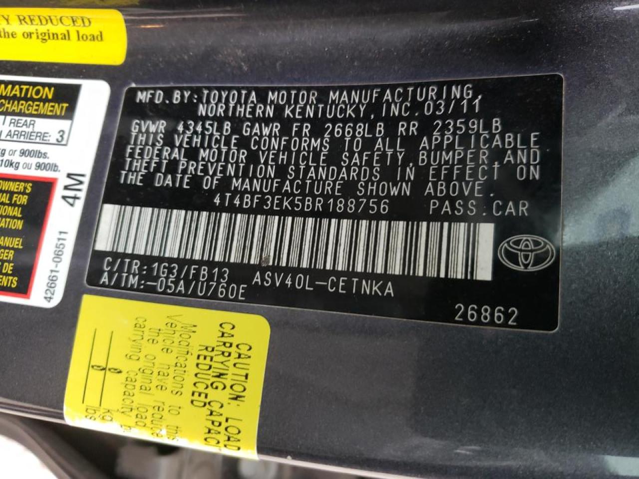 Foto 10 de la subasta – 2011 TOYOTA CAMRY BASE con VIN 4T4BF3EK5BR188756