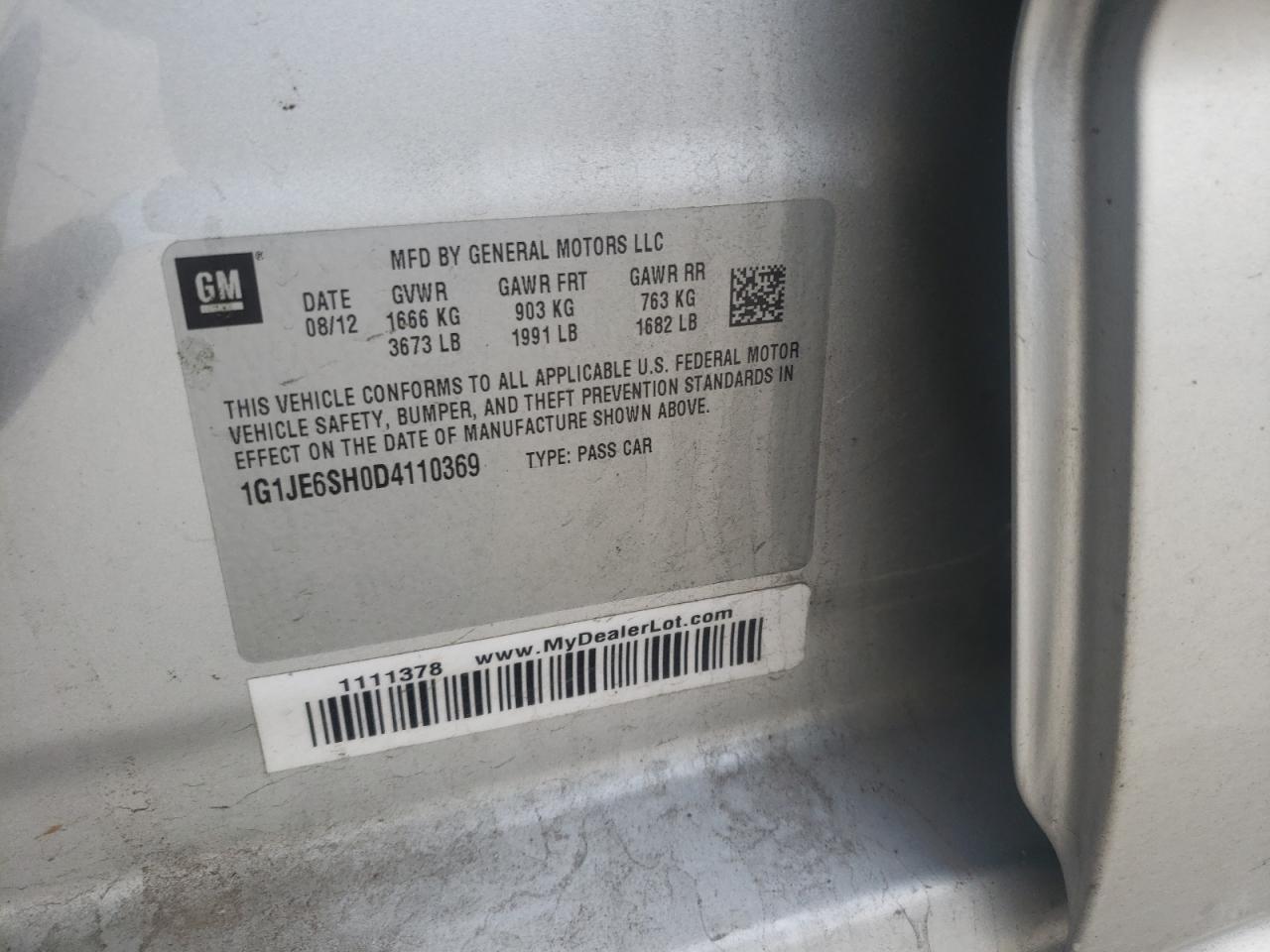 Photo 10 from auction – 2013 CHEVROLET SONIC LTZ with VIN 1G1JE6SH0D4110369