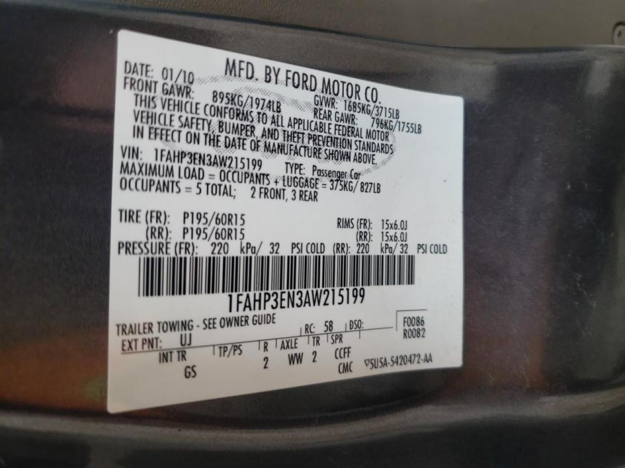 Photo 10 from auction – 2010 FORD FOCUS S with VIN 1FAHP3EN3AW215199