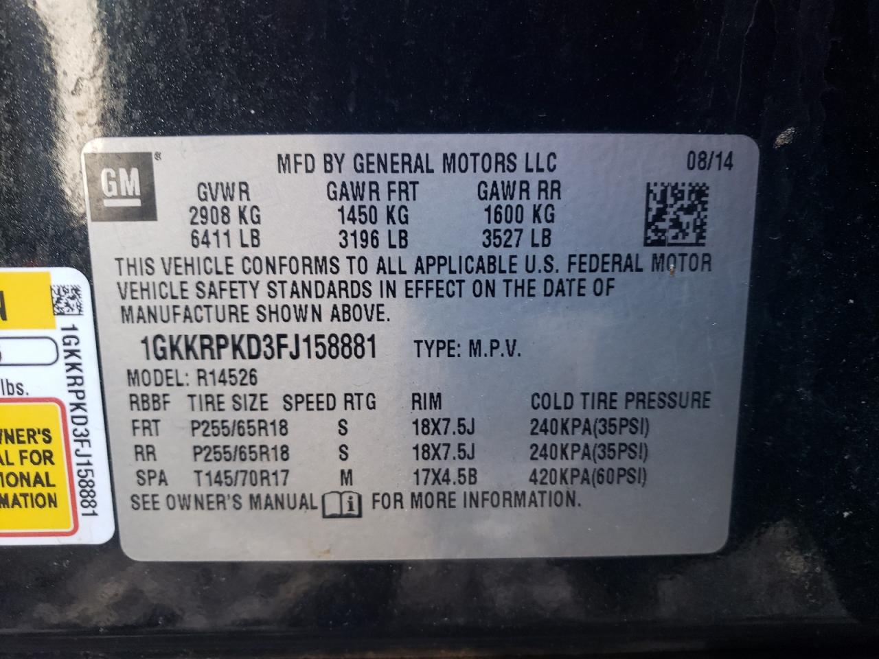 Photo 10 from auction – 2015 GMC ACADIA SLE with VIN 1GKKRPKD3FJ158881