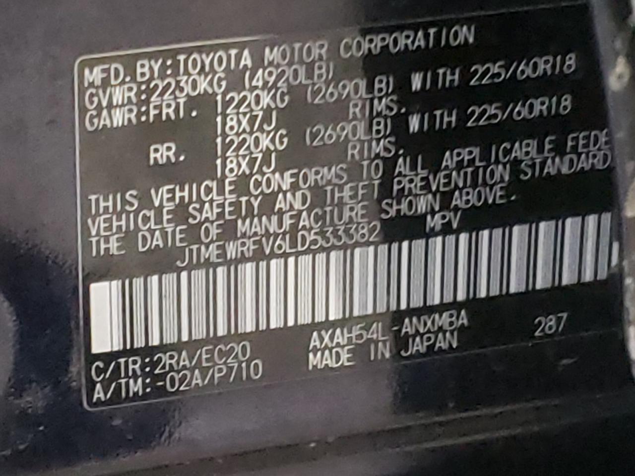 Photo 10 from auction – 2020 TOYOTA RAV4 XSE with VIN JTMEWRFV6LD533382