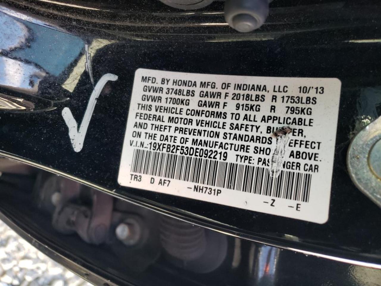 Photo 10 from auction – 2013 HONDA CIVIC LX with VIN 19XFB2F53DE092219