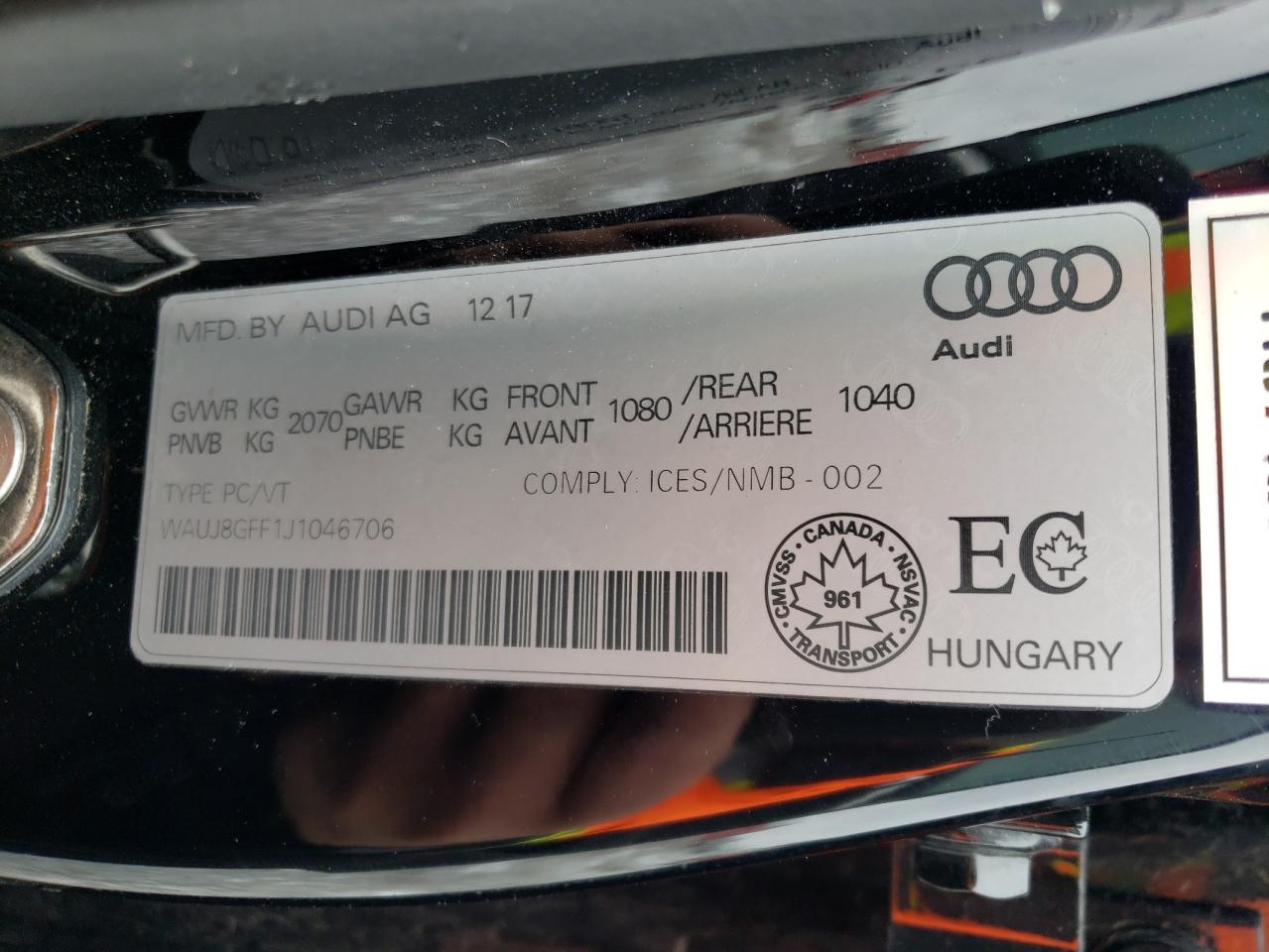 Photo 10 from auction – 2018 AUDI A3 PREMIUM with VIN WAUJ8GFF1J1046706