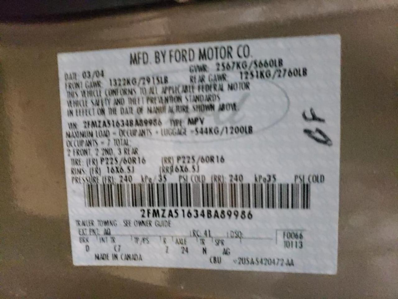 Photo 10 from auction – 2004 FORD FREESTAR S with VIN 2FMZA51634BA89986