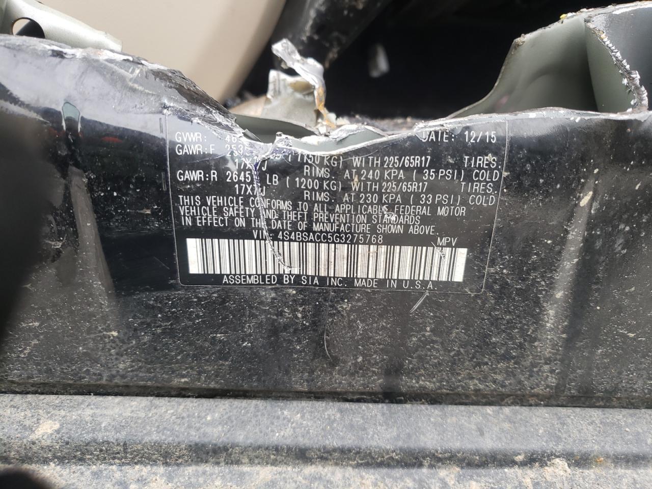 Photo 10 from auction – 2016 SUBARU OUTBACK 2. with VIN 4S4BSACC5G3275768