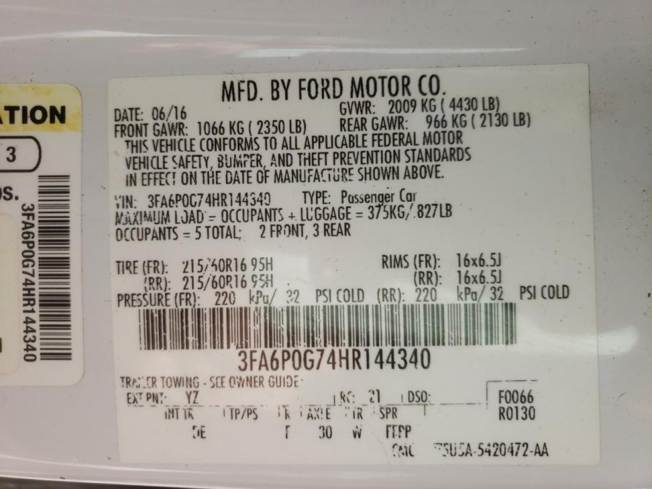 Photo 10 from auction – 2017 FORD FUSION S with VIN 3FA6P0G74HR144340