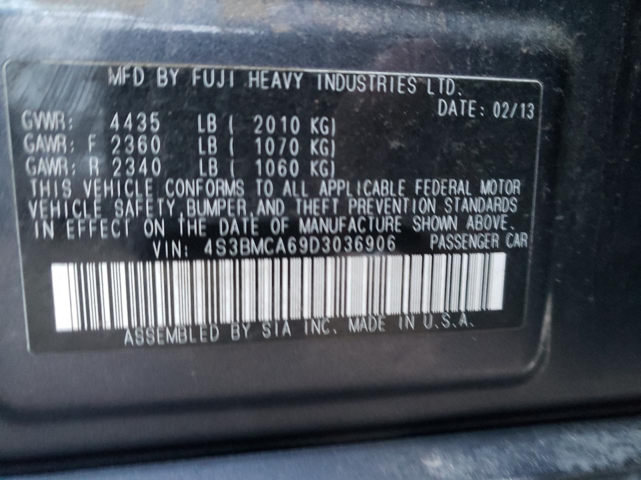 Photo 10 from auction – 2013 SUBARU LEGACY 2.5 with VIN 4S3BMCA69D3036906