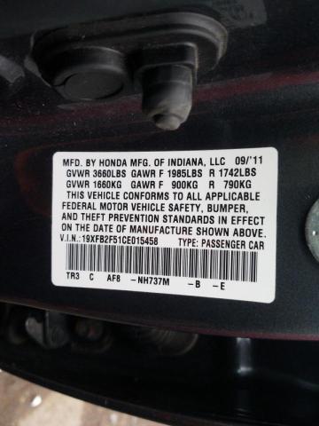 Photo 10 from auction – 2012 HONDA CIVIC LX with VIN 19XFB2F51CE015458