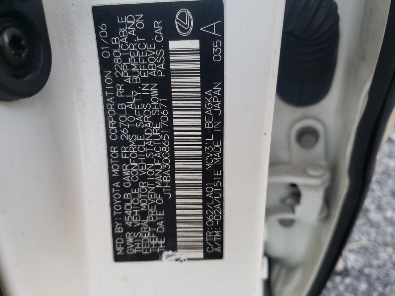 Photo 10 from auction – 2006 LEXUS ES 330 with VIN JTHBA30G865170671