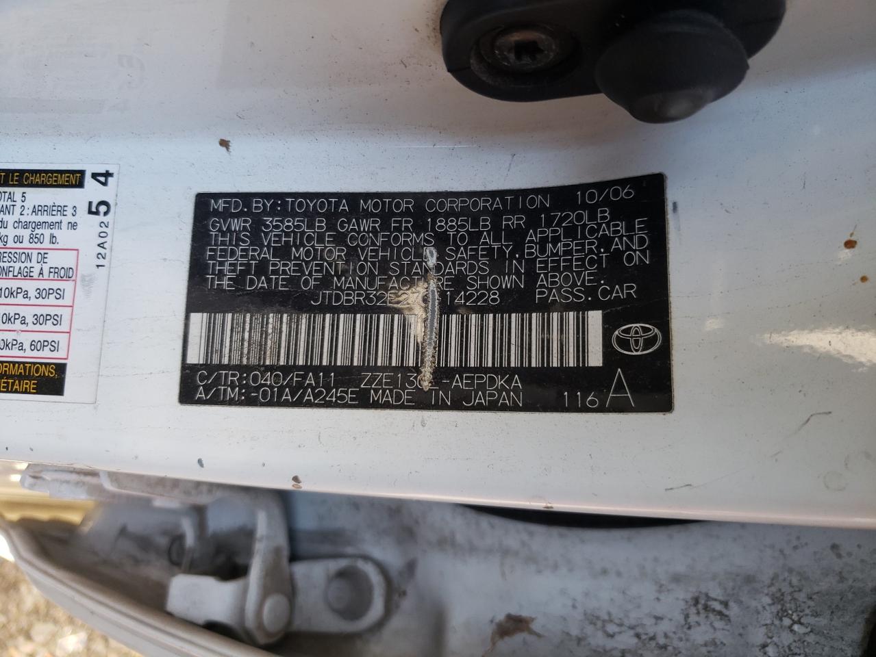 Photo 10 from auction – 2007 TOYOTA COROLLA CE with VIN JTDBR32E270114228