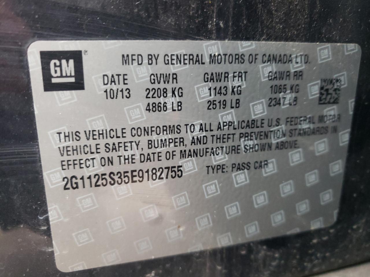 Photo 10 from auction – 2014 CHEVROLET IMPALA LT with VIN 2G1125S35E9182755