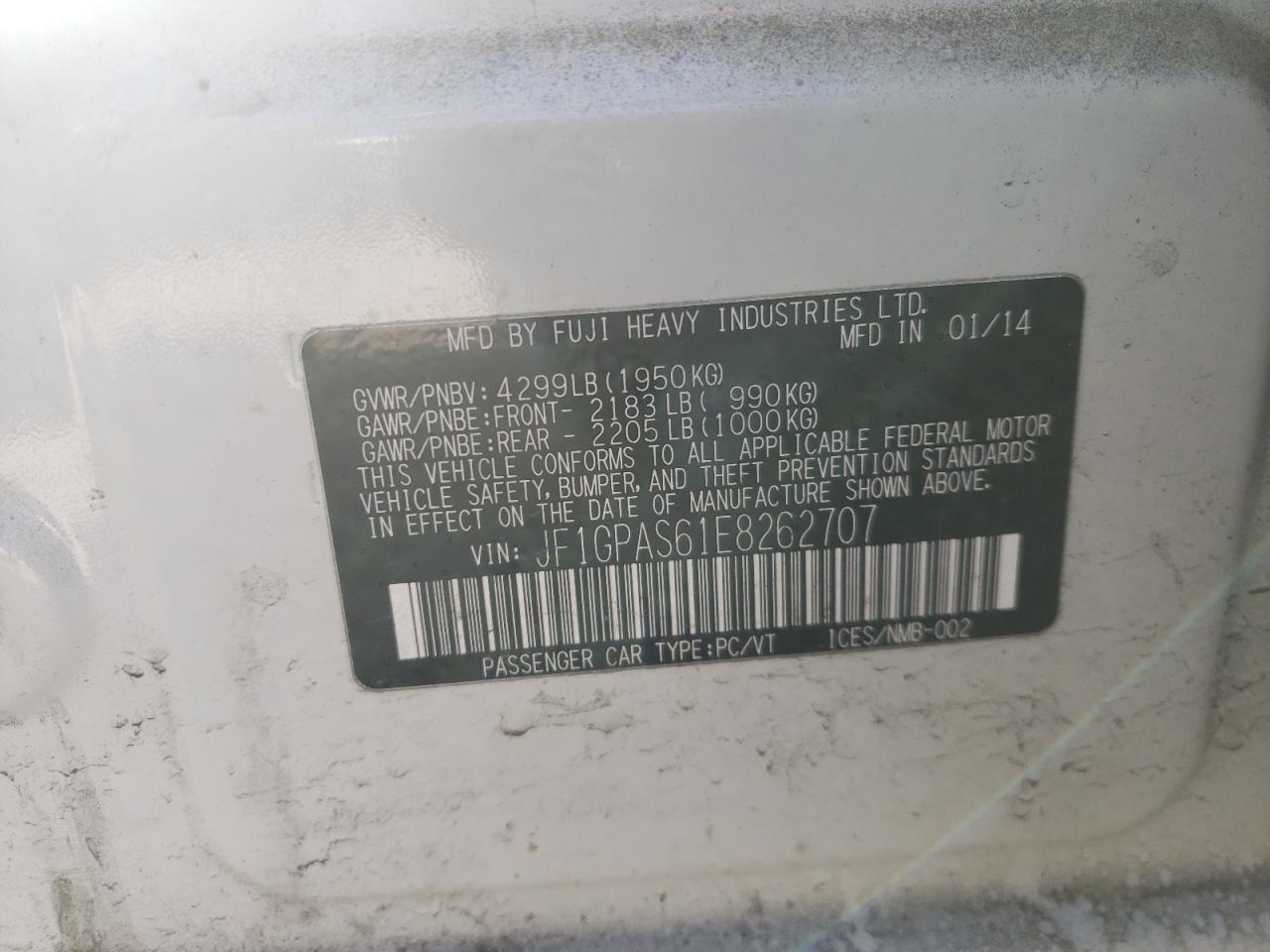Photo 10 from auction – 2014 SUBARU IMPREZA SP with VIN JF1GPAS61E8262707