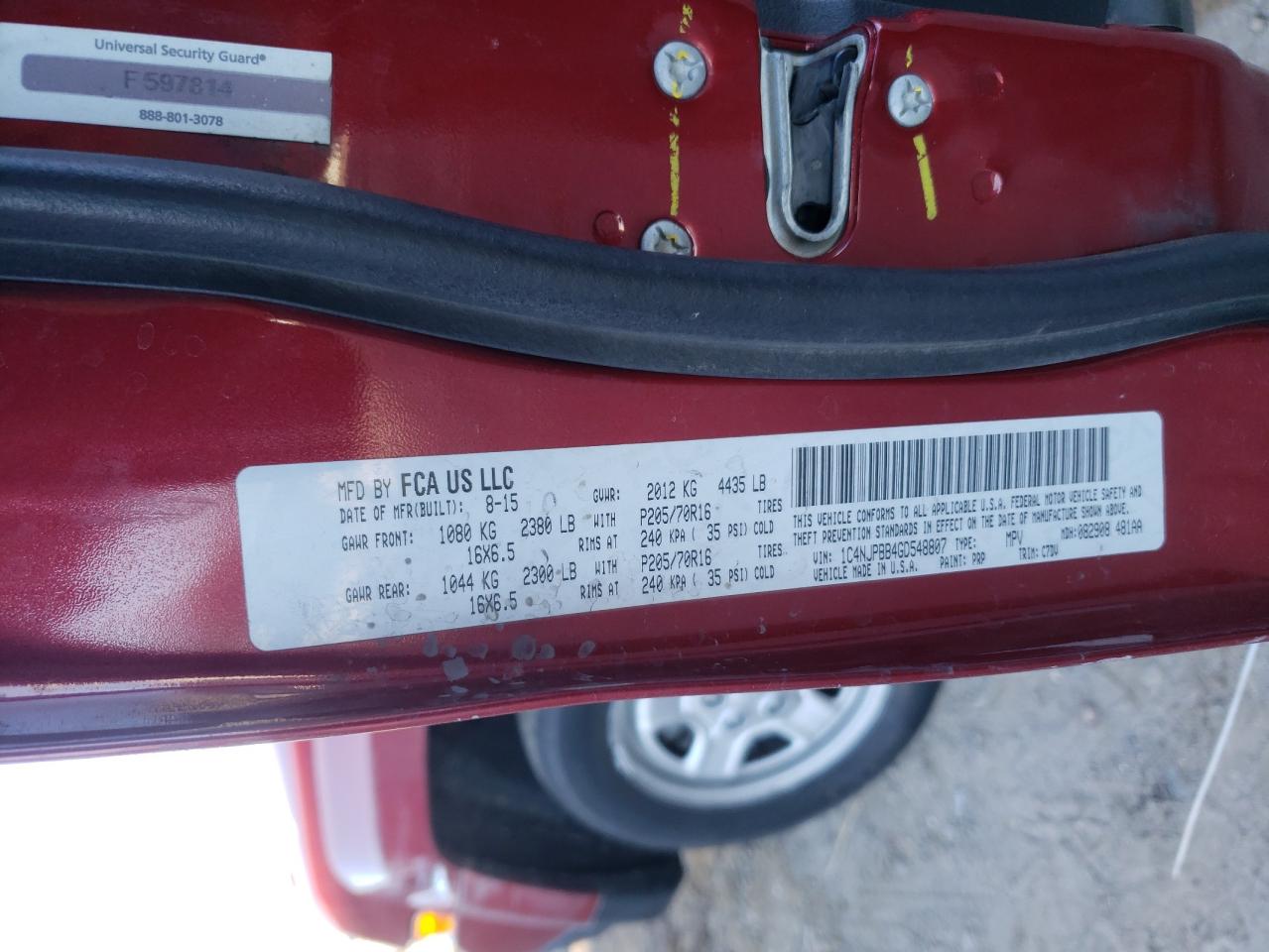 Photo 10 from auction – 2016 JEEP PATRIOT SP with VIN 1C4NJPBB4GD548807