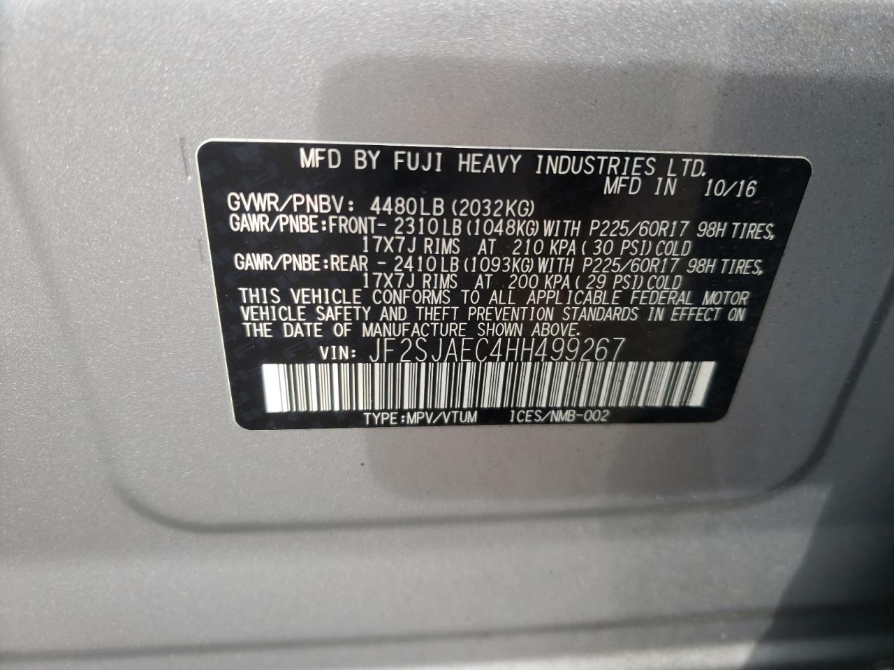 Photo 10 from auction – 2017 SUBARU FORESTER 2 with VIN JF2SJAEC4HH499267