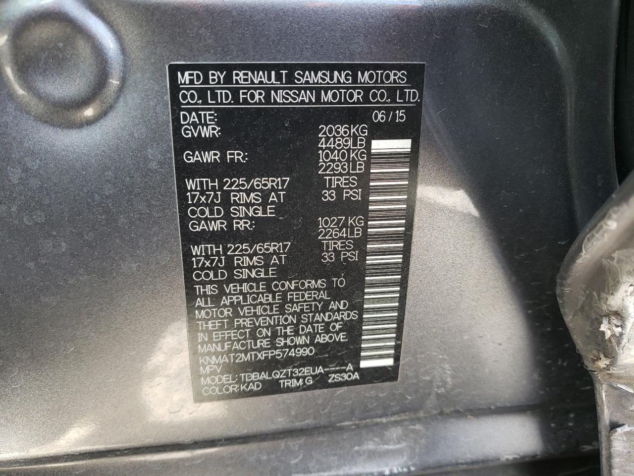 Photo 10 from auction – 2015 NISSAN ROGUE S with VIN KNMAT2MTXFP574990