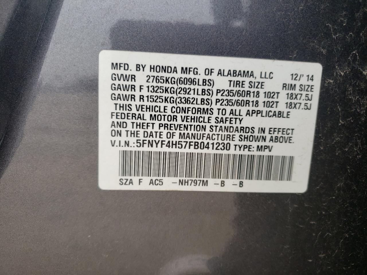 Photo 10 from auction – 2015 HONDA PILOT EXL with VIN 5FNYF4H57FB041230