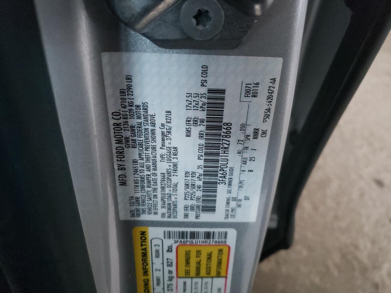 Photo 10 from auction – 2017 FORD FUSION SE with VIN 3FA6P0LU1HR278668