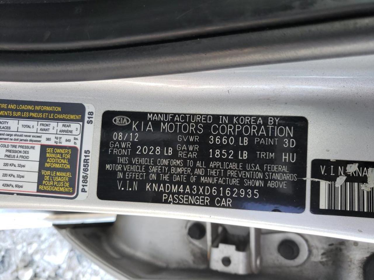 Photo 10 from auction – 2013 KIA RIO LX with VIN KNADM4A3XD6162935