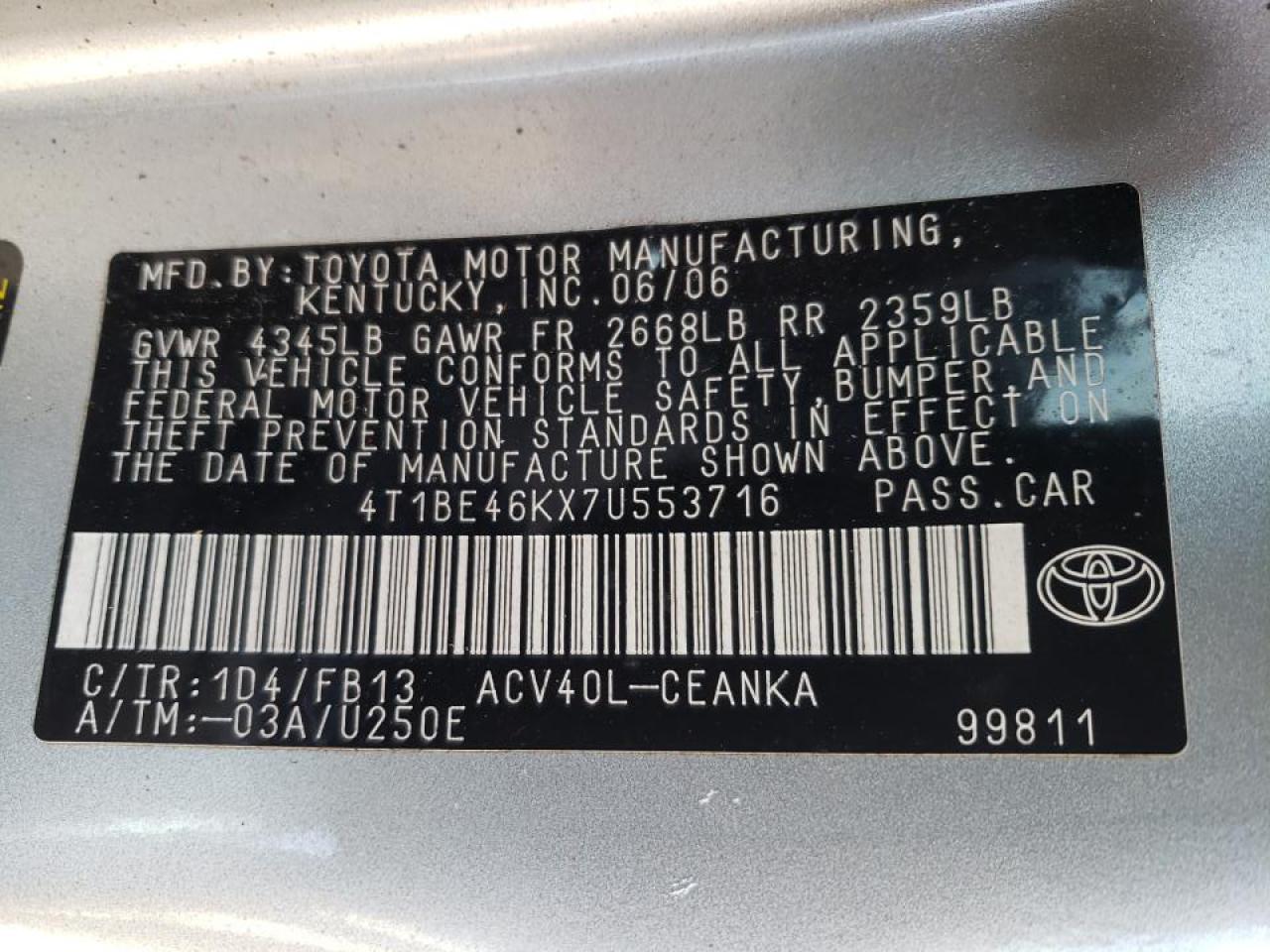 Photo 10 from auction – 2007 TOYOTA CAMRY CE/L with VIN 4T1BE46KX7U553716