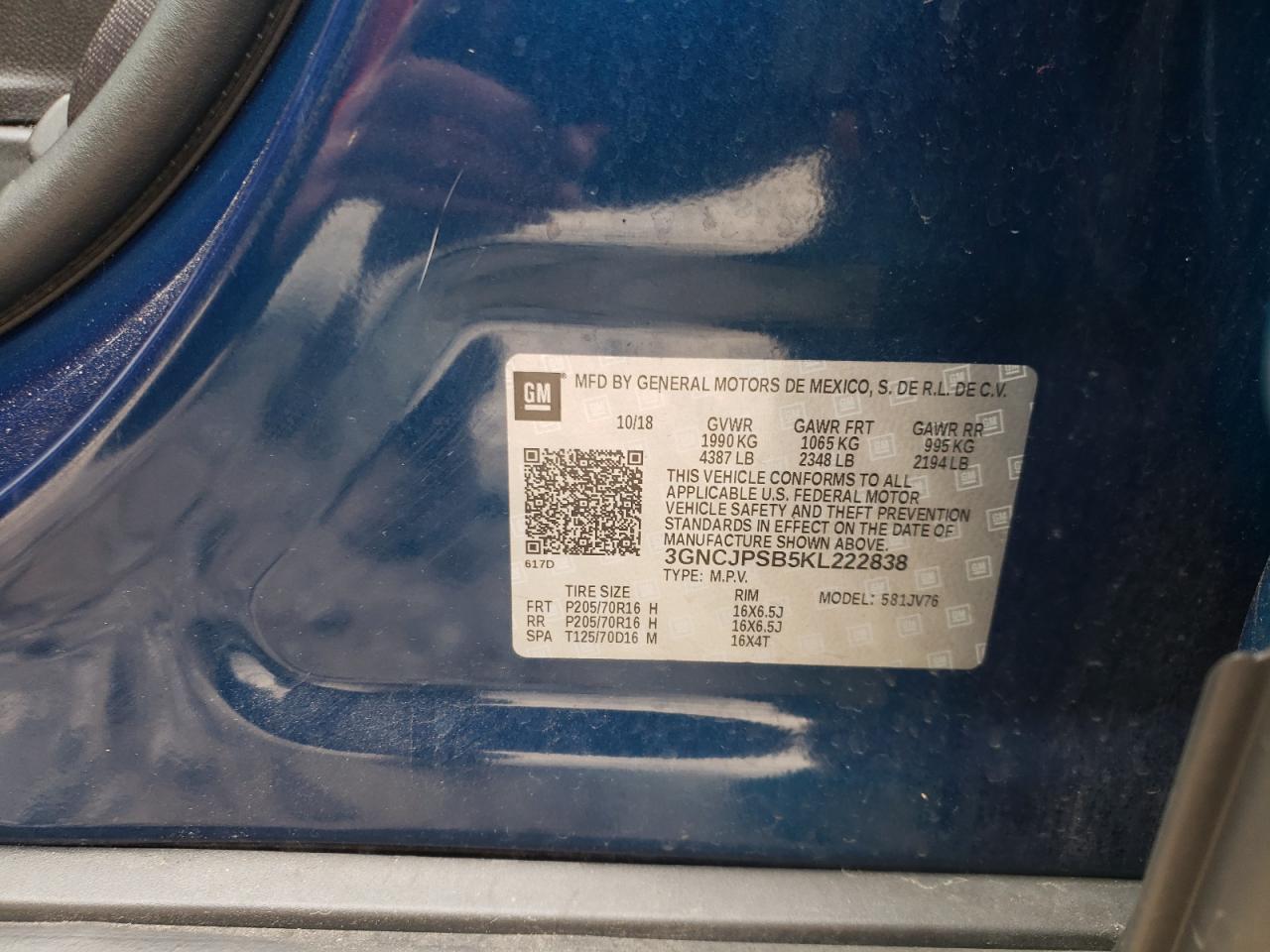 Photo 10 from auction – 2019 CHEVROLET TRAX 1LT with VIN 3GNCJPSB5KL222838