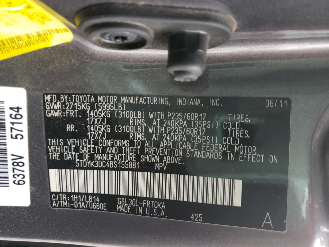 Photo 10 from auction – 2011 TOYOTA SIENNA XLE with VIN 5TDYK3DC4BS155881