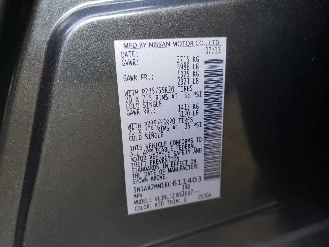 Photo 10 from auction – 2014 NISSAN PATHFINDER with VIN 5N1AR2MM1EC611403