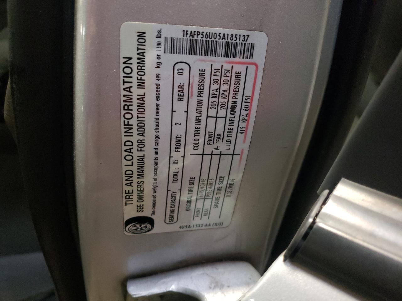 Photo 10 from auction – 2005 FORD TAURUS SEL with VIN 1FAFP56U05A185137