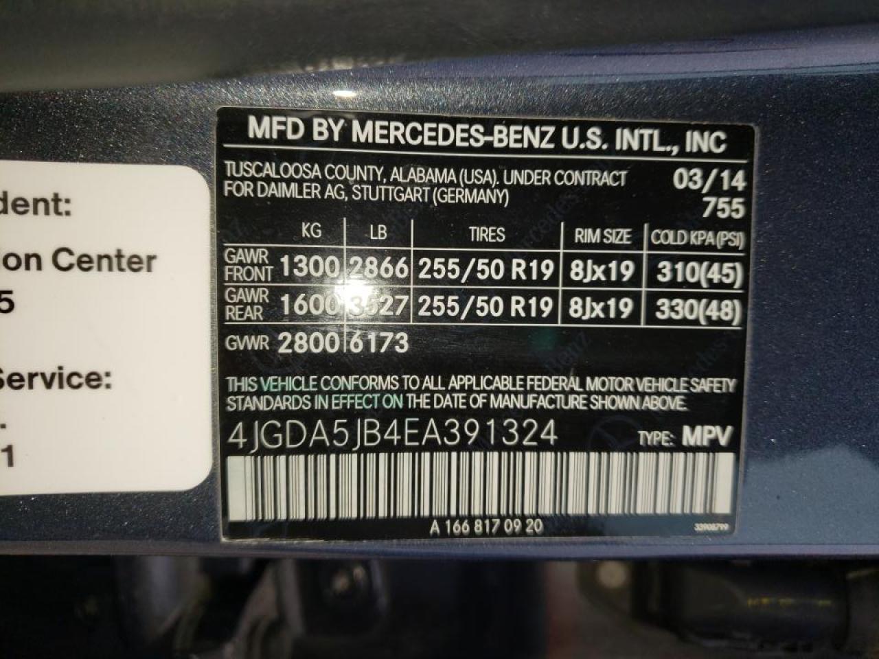 Photo 10 from auction – 2014 MERCEDES-BENZ ML 350 with VIN 4JGDA5JB4EA391324