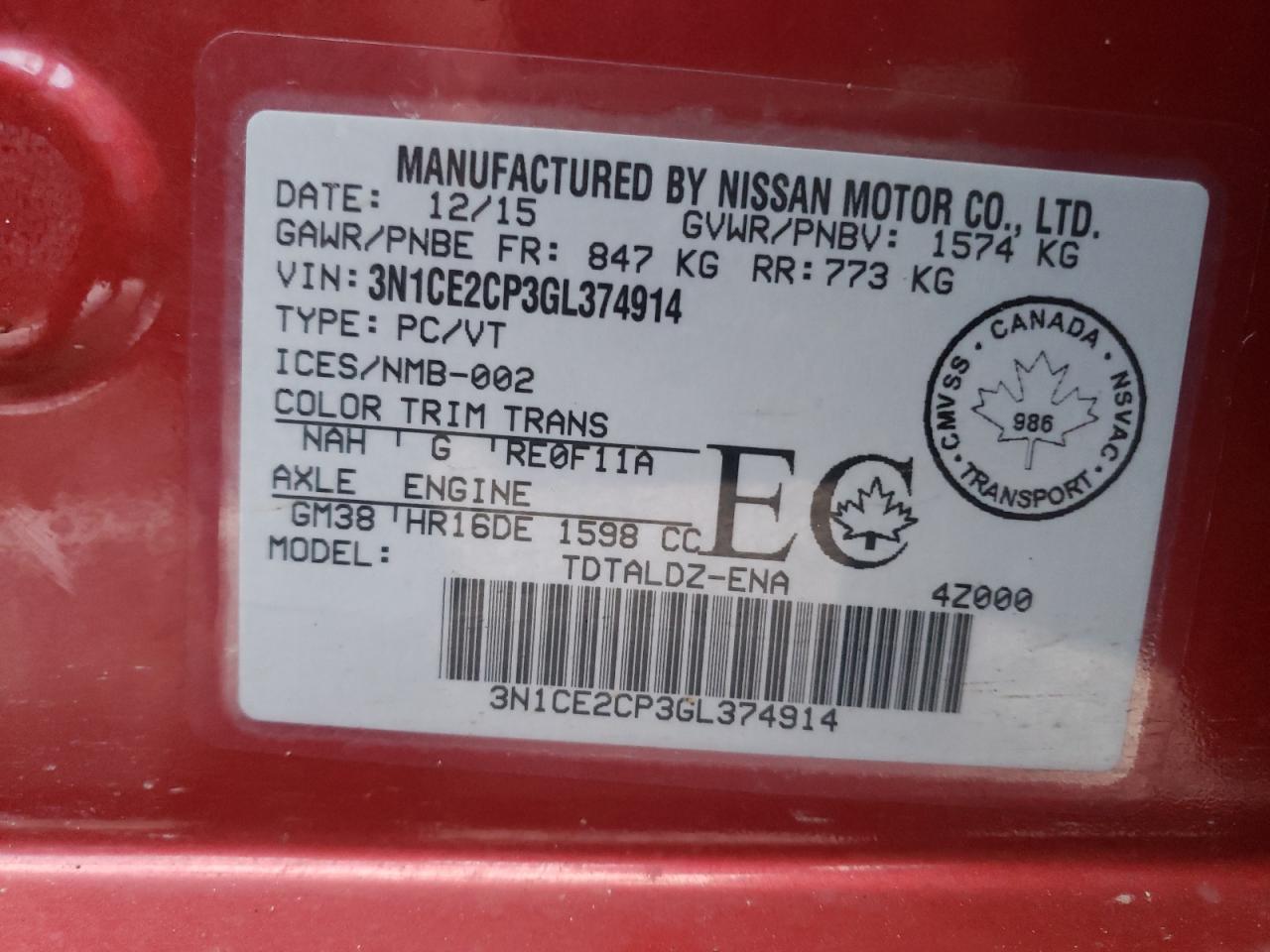 Photo 10 from auction – 2016 NISSAN VERSA NOTE with VIN 3N1CE2CP3GL374914