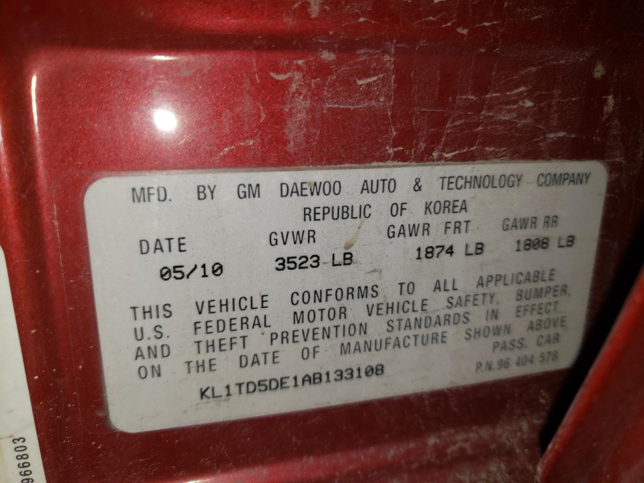 Photo 10 from auction – 2010 CHEVROLET AVEO LS with VIN KL1TD5DE1AB133108