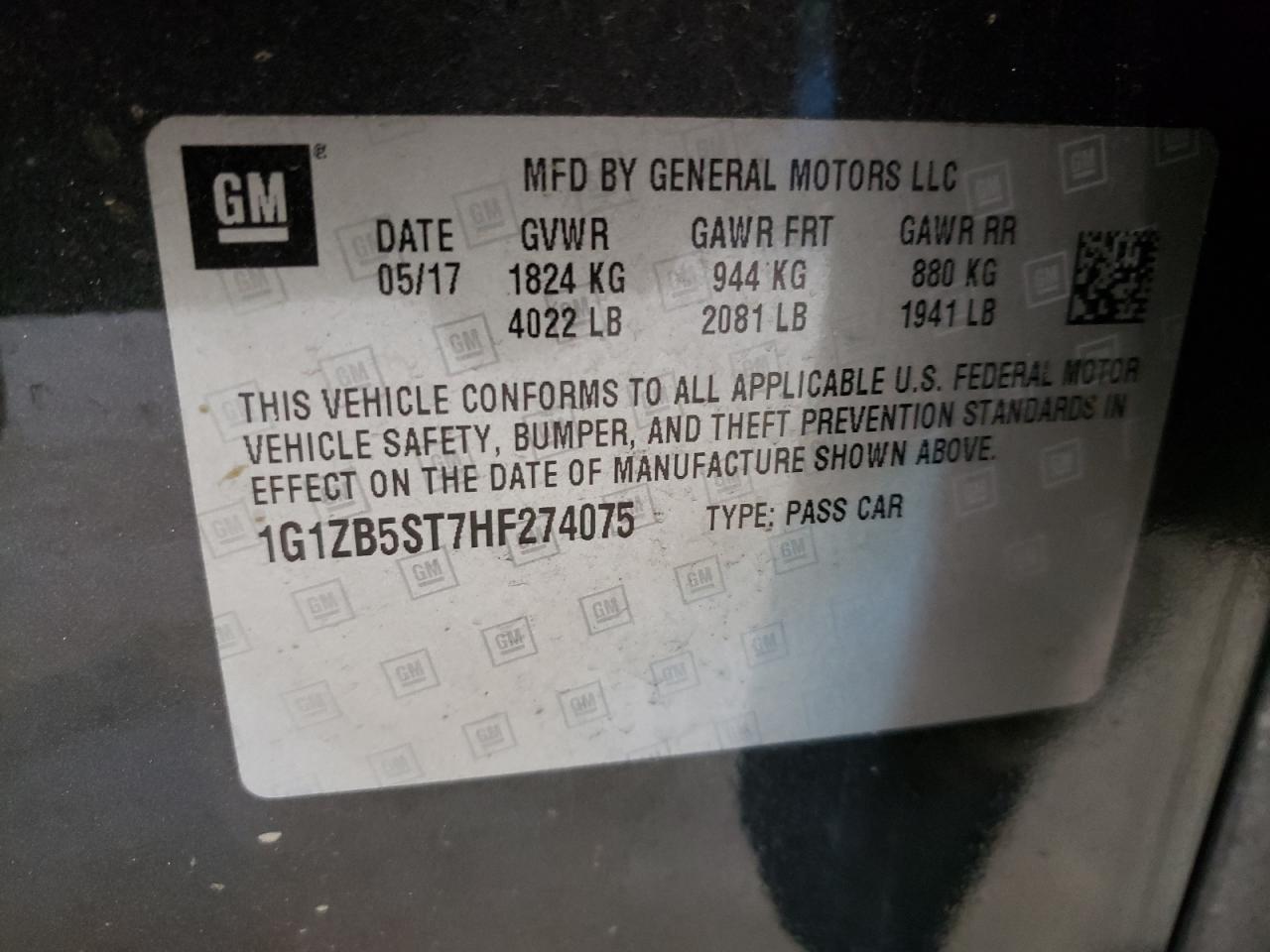 Photo 10 from auction – 2017 CHEVROLET MALIBU LS with VIN 1G1ZB5ST7HF274075
