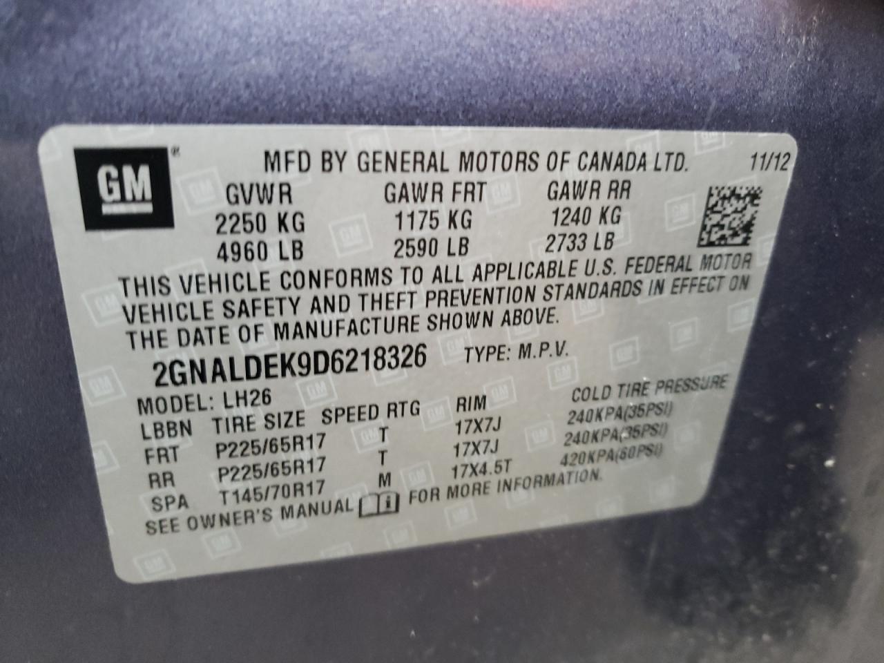 Photo 10 from auction – 2013 CHEVROLET EQUINOX LT with VIN 2GNALDEK9D6218326
