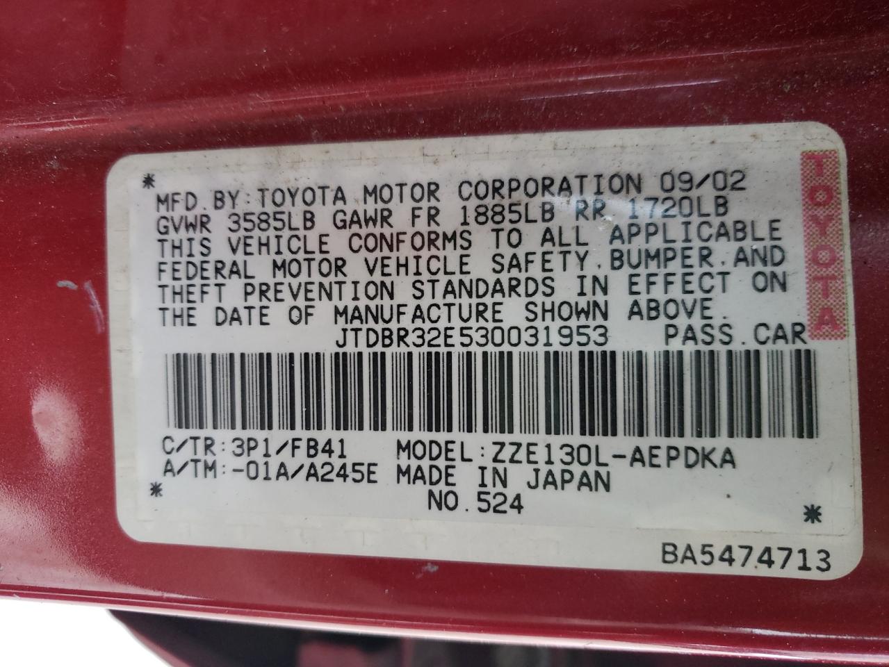 Photo 10 from auction – 2003 TOYOTA COROLLA CE with VIN JTDBR32E530031953