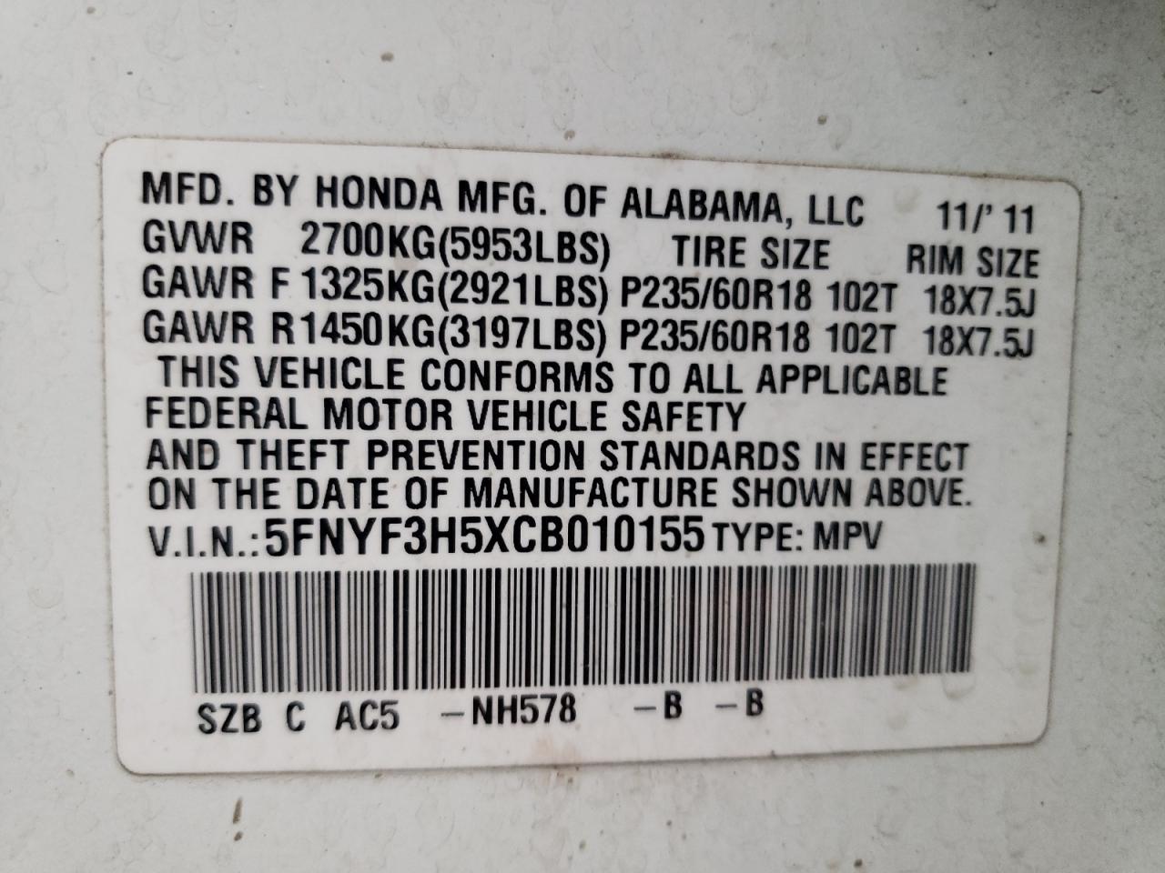 Photo 10 from auction – 2012 HONDA PILOT EXL with VIN 5FNYF3H5XCB010155